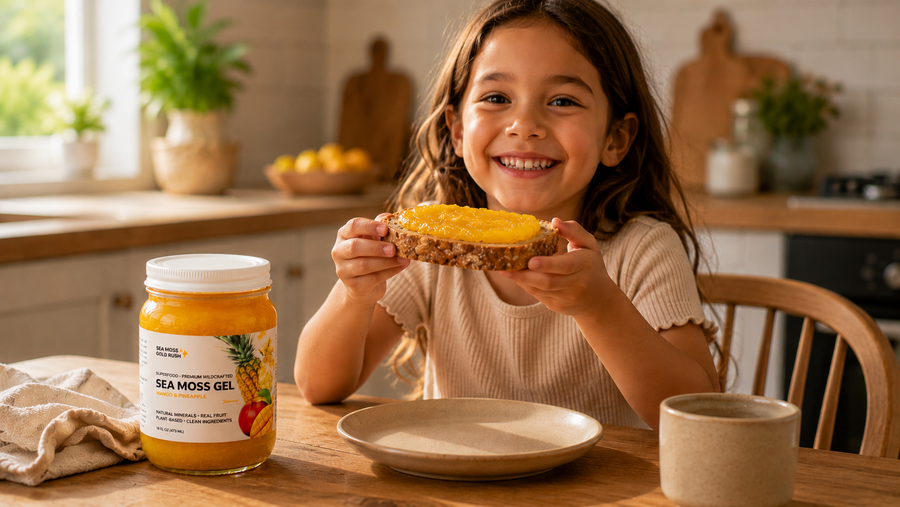 kid holding slice of bread spread with sea moss gel
