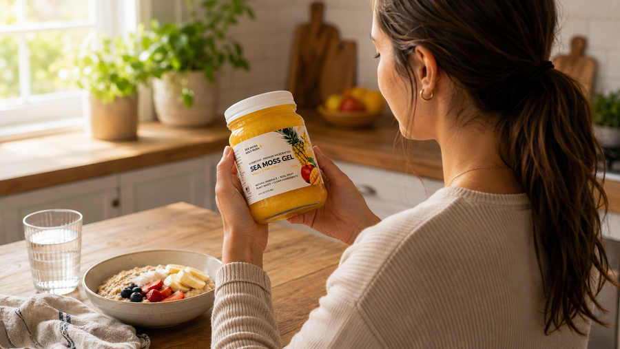 woman reading label on sea moss gel jar