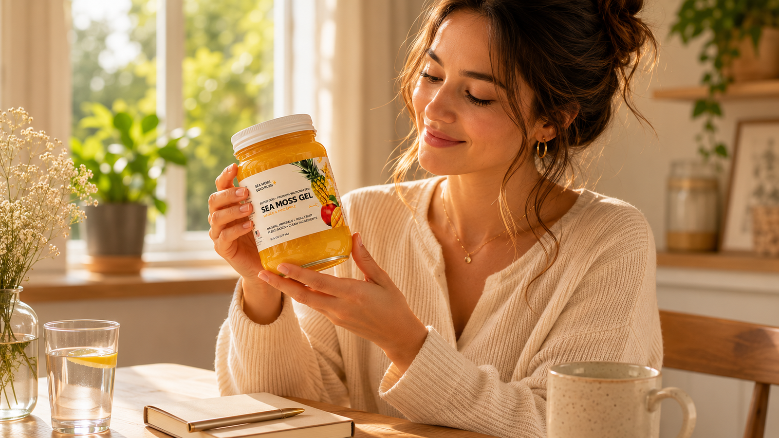 woman reading sea moss gel label