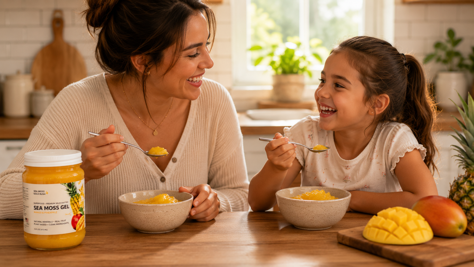 mom and kid eating sea moss gel in kitchen