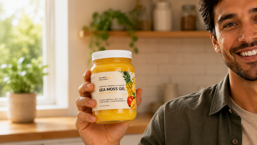 man holding sea moss gel and smiling to camera