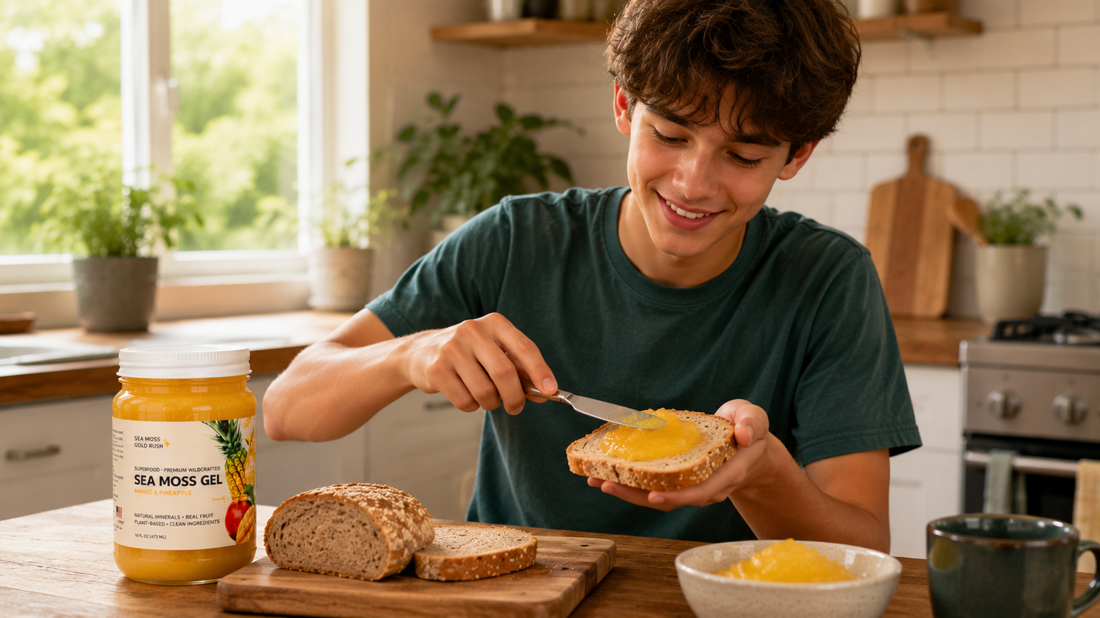 boy spread slice of bread with sea moss gel