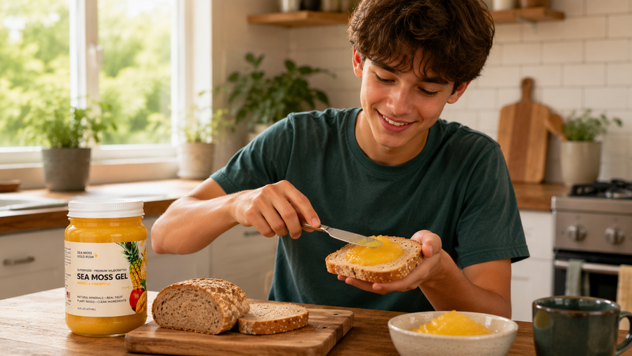 boy spread slice of bread with sea moss gel