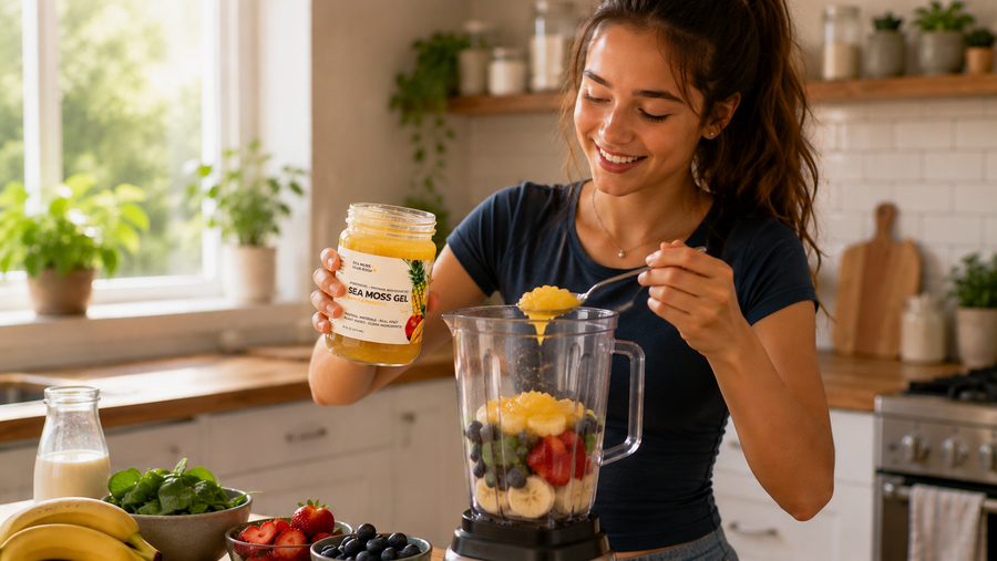 girl making smoothie with sea moss gel 