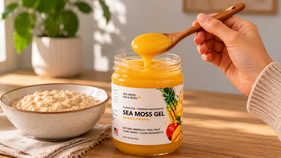 sea moss gel in wooden spoon