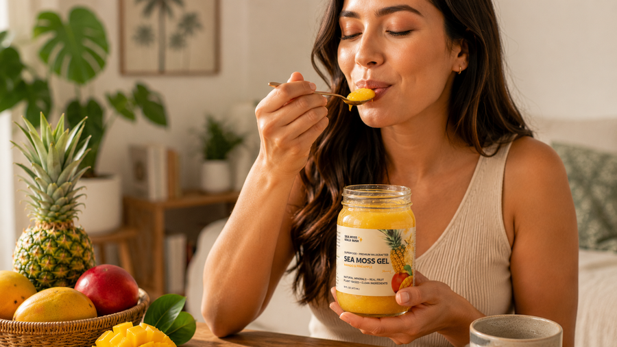 woman eating sea moss gel with spoon holding jar