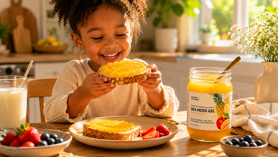 kid holding slice of bread spread with sea moss gel
