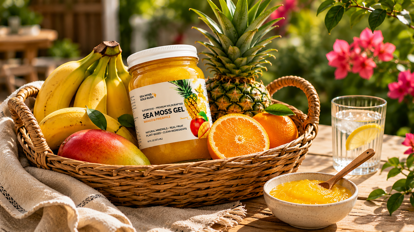 sea moss gel in wicker basket with fruits